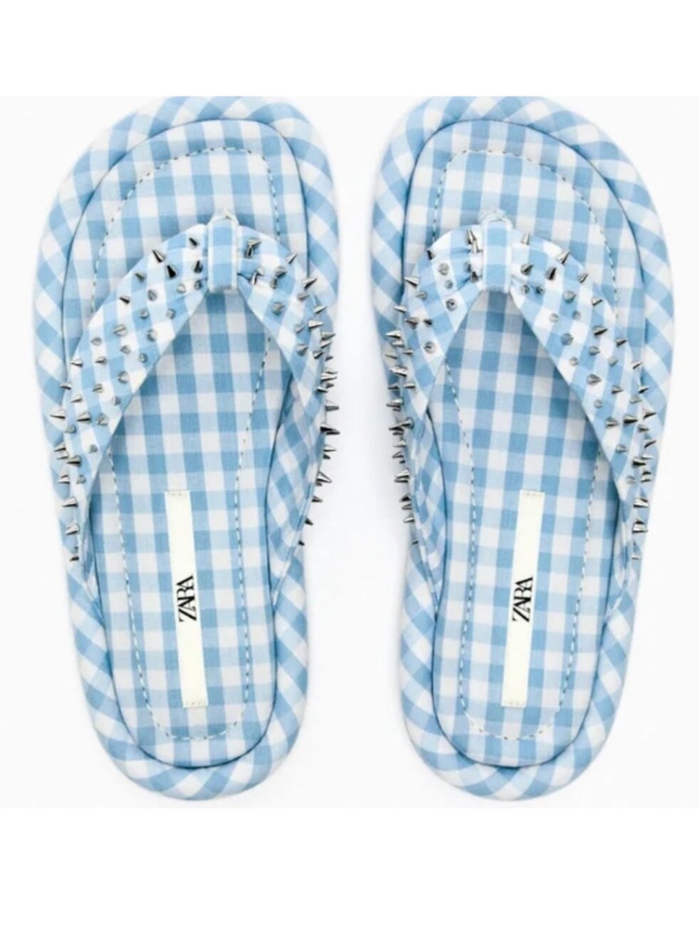 Zara Bloggers Fav Gingham Blue Plaid Studded Sandals Size 39 8